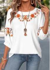 Floral Print Tummy Coverage White 3/4 Sleeve Blouse