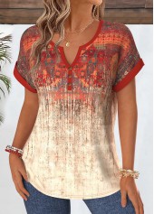 Tribal Print Tummy Coverage Red Short Sleeve Blouse