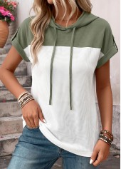 Curved Hem Sage Green Short Sleeve Hooded T Shirt