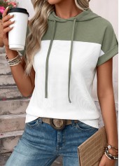 Curved Hem Sage Green Short Sleeve Hooded T Shirt