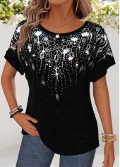Geometric Print Curved Hem Black Short Sleeve T Shirt