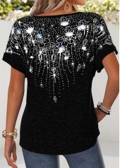 Geometric Print Curved Hem Black Short Sleeve T Shirt