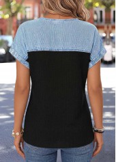 Patchwork Black Short Sleeve Split Neck Blouse