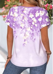 Floral Print Tummy Coverage Light Purple Short Sleeve Blouse