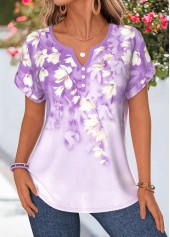 Floral Print Tummy Coverage Light Purple Short Sleeve Blouse