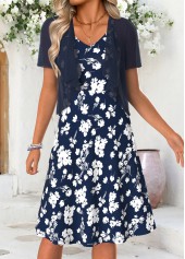 Floral Print Tummy Coverage Navy Short Sleeve Dress