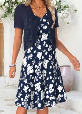 Floral Print Tummy Coverage Navy Short Sleeve Dress