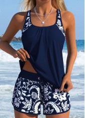Mid Waisted Random Floral Print Pocket Navy Tankini Set