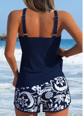 Mid Waisted Random Floral Print Pocket Navy Tankini Set