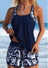 Mid Waisted Random Floral Print Pocket Navy Tankini Set