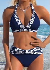 Mid Waisted Floral Print Patchwork Navy Bikini Set
