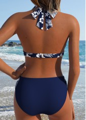 Mid Waisted Floral Print Patchwork Navy Bikini Set