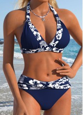 Mid Waisted Floral Print Patchwork Navy Bikini Set