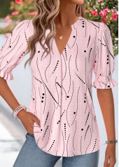 Geometric Print Shirred Light Pink Half Sleeve Blouse