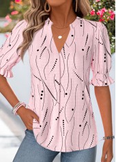 Geometric Print Shirred Light Pink Half Sleeve Blouse