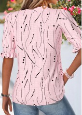 Geometric Print Shirred Light Pink Half Sleeve Blouse