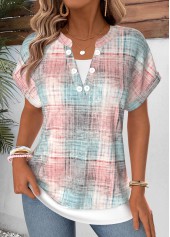 Plaid Fake 2in1 Light Pink Short Sleeve T Shirt