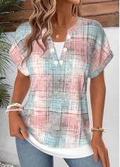 Plaid Fake 2in1 Light Pink Short Sleeve T Shirt
