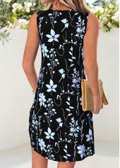 Floral Print Tummy Coverage Black Short Sleeveless Dress
