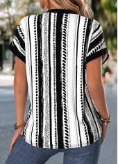 Geometric Print Tummy Coverage Black Short Sleeve Blouse