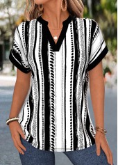 Geometric Print Tummy Coverage Black Short Sleeve Blouse
