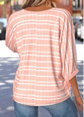 Striped Tummy Coverage Pink 3/4 Sleeve Round Neck Blouse