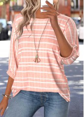 Striped Tummy Coverage Pink 3/4 Sleeve Round Neck Blouse