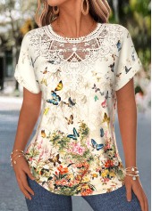 Floral Print Lace Trim Light Yellow Short Sleeve Blouse
