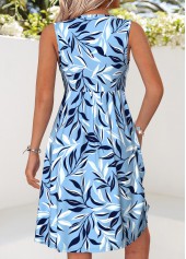 Leaf Print Twist Blue Short Sleeveless V Neck Dress