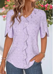 Ruffle Light Purple Half Sleeve V Neck Blouse