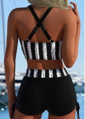 Mid Waisted Striped Thigh Slimmer Black Bikini Set