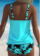 Mid Waisted Floral Print Bowknot Cyan Tankini Set