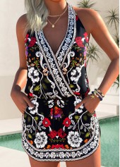Mid Waisted Tribal Print Fake 2in1 Black Tankini Set