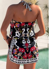 Mid Waisted Tribal Print Fake 2in1 Black Tankini Set