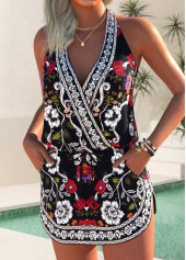 Mid Waisted Tribal Print Fake 2in1 Black Tankini Set