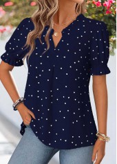 Geometric Print Curved Hem Navy Short Sleeve Blouse