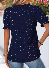 Geometric Print Curved Hem Navy Short Sleeve Blouse