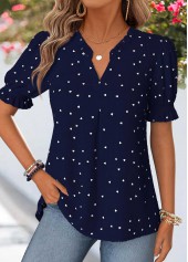 Geometric Print Curved Hem Navy Short Sleeve Blouse