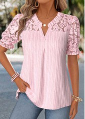 Patchwork Pink Short Sleeve Split Neck Blouse