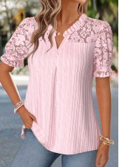 Patchwork Pink Short Sleeve Split Neck Blouse