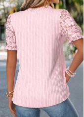 Patchwork Pink Short Sleeve Split Neck Blouse