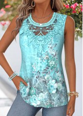 Random Floral Print Patchwork Mint Green Sleeveless Tank Top
