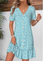 Geometric Print Shirred Cyan Short V Neck Dress
