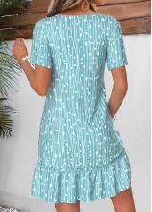 Geometric Print Shirred Cyan Short V Neck Dress