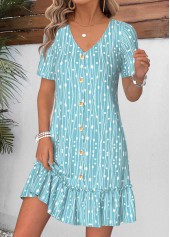 Geometric Print Shirred Cyan Short V Neck Dress