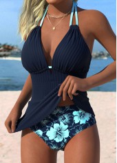 Mid Waisted Floral Print Tummy Coverage Navy Tankini Set