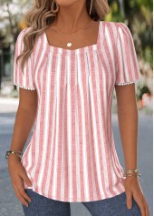 Striped Pleated Pink Short Sleeve Square Neck T Shirt