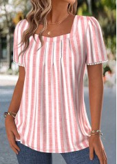 Striped Pleated Pink Short Sleeve Square Neck T Shirt