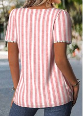 Striped Pleated Pink Short Sleeve Square Neck T Shirt