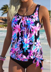 Tropical Plants Print Blouson Multi Color Tankini Top-No Bottom